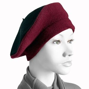 Vintage Norma Kamali for Stetson Wool Beret – Black & Burgundy Two-Tone (1980s)